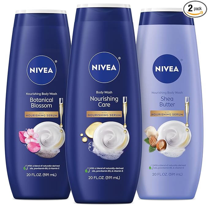 NIVEA Nourishing Body Wash Set with Botanical Blossom, Nourishing Care and Shea Butter Body Washes, Skin Care Set for Women with Provitamin B5 and Vitamin E, 20 Fl Oz Bottle, Pack of 3
