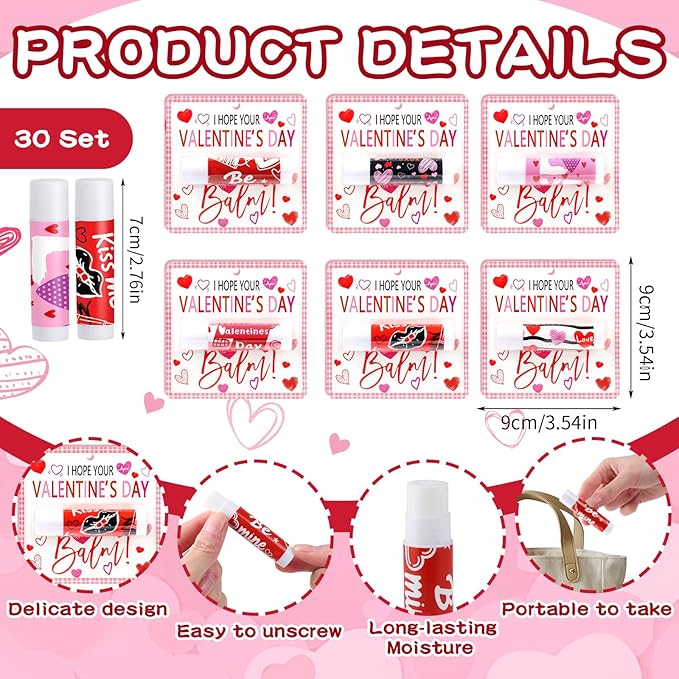 30 Pcs Valentine Lip Balms Bulk Valentine's Day Gifts for Women Galentines Chapstick Gloss 6 Assorted Flavors for Wedding Bridal Shower Birthday Party Favours