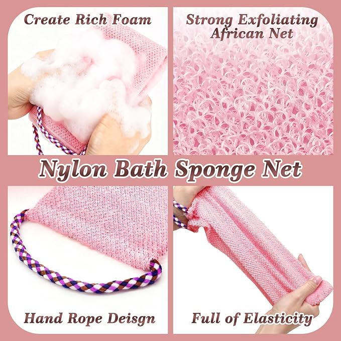 Manmihealth Silicone Back Scrubber for Shower & African Bath Sponge Set, Upgrade 33.8'' Long Silicone Back Brush & Exfoliating Net Sponge Combination, Dual-Sided Use Shower Loofah (Pink+Pink)