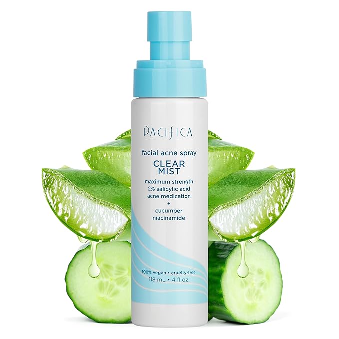 Pacifica Facial Spray for Acne Treatment - Clear Face Mist Acne Spray w/ 2% Salicylic Acid Niacinamide & Aloe - Acne Cleanser - Targets Bacteria for Teens & Adults Vegan Clean Dermatologist Tested