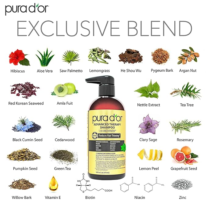 PURA D'OR 16 Oz Advanced Therapy Shampoo Reduces Hair Thinning & Increases Volume, No Sulfate, Biotin Shampoo Infused with Argan Oil, Aloe Vera for All Hair Types, Men & Women