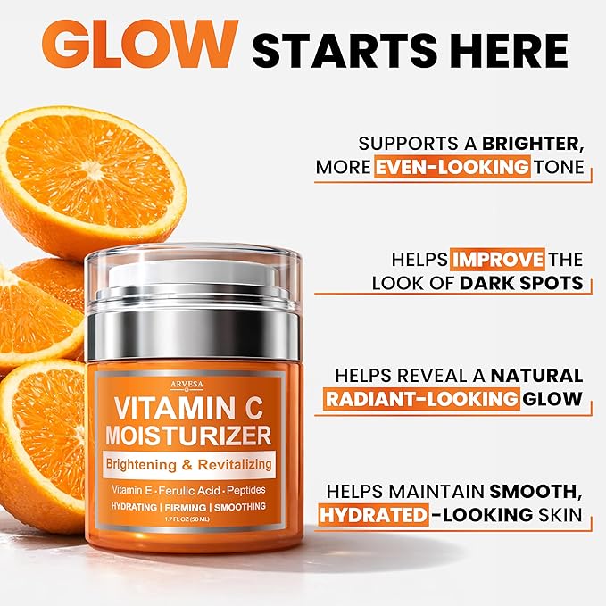 Vitamin C Moisturizer for Face - Vitamin C Cream for Face - Brightening & Anti Aging Cream for Women with Ferulic Acid & Peptides - Evens Skin Tone, Reduces Dark Spots & Fine Lines - All Skin Types