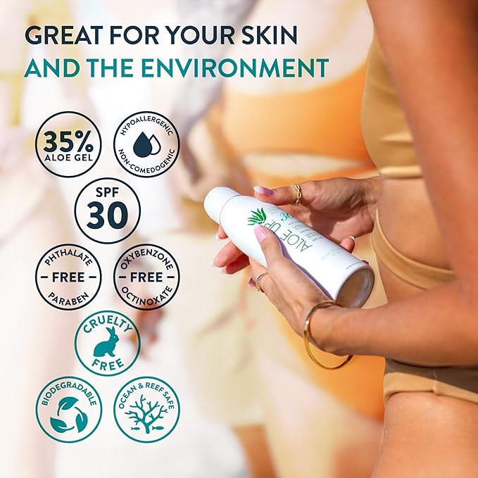 Aloe Up White Collection SPF 30 | Sunscreen Spray Mist for Face & Body with Aloe Vera Gel | Water Resistant up to 80 Minutes | Reef Friendly, Non Greasy, Fast Absorbing | Coco Mango Fragrance 4 Oz