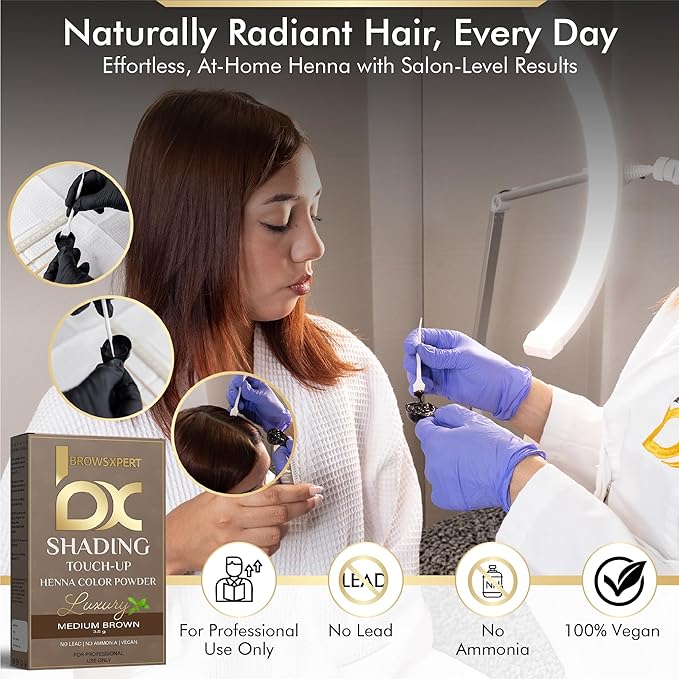 BROWSXPERT Professional Shading Touch-Up Kit — Herbal Henna Color Powder with Mixing Dish, Stir & Brush + Follow Instructions | 3.5g | Medium Natural Brown