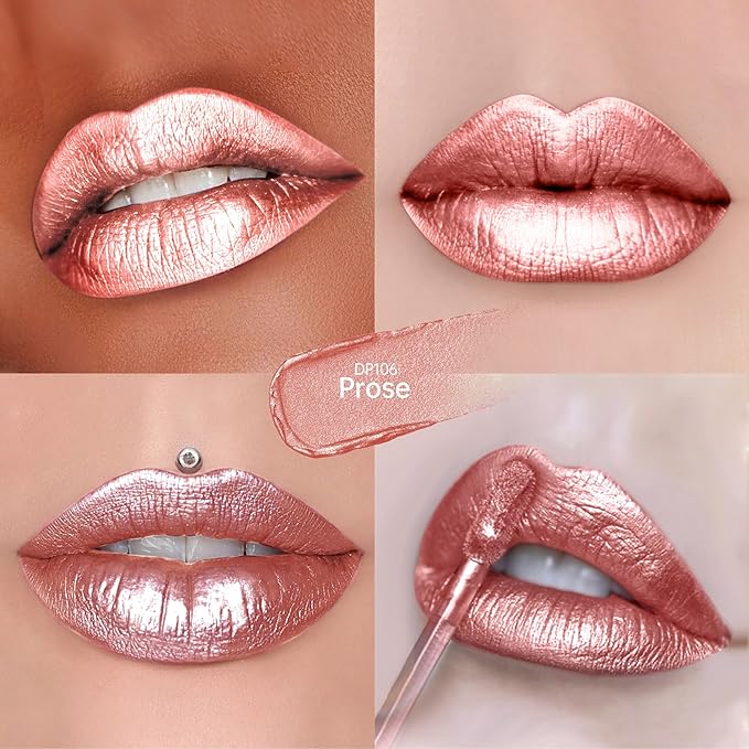 Depuplum Nude Pink Lipsticks for Women Metallic Lipstick Long Lasting Shimmer Lip Gloss Metal Shine Glitter Waterproof Lipsticks Full Coverage Lip Color for Mother's Day,DP106 Prose