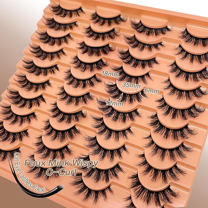 Fluffy Lashes Wispy Cat Eye Faux Mink Eyelashes C Curl 3D EyeLash Natural Look Cateye Lash Strips 16mm Long False Eyelashes Pack YH301