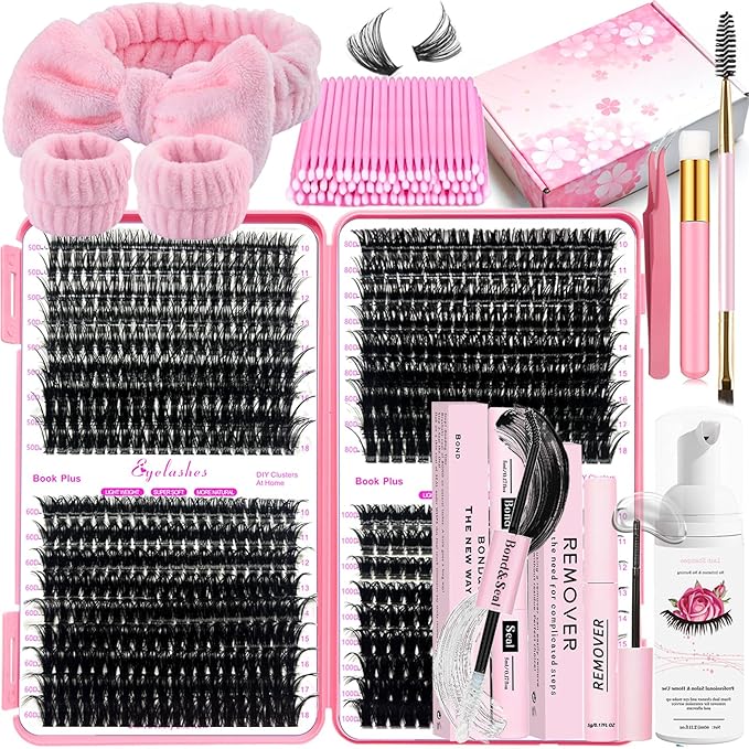 DNSGOOR DIY Lash Extension Kit 684Pcs 10-18mm D Curl Lashes Clusters with Lash Bond and Seal Glue Remover Lash Shampoo Cleansing Brush Headband Wristband Tweezers Eyelash Brush Applicator