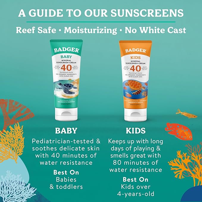 Badger Mineral Baby Sunscreen Cream SPF 40, 98% Organic Toddler Sunscreen with Zinc Oxide, Broad Spectrum, Reef Safe, Water Resistant, Pediatrician Tested Baby Sunblock, 2.9 fl oz, 2-Pack