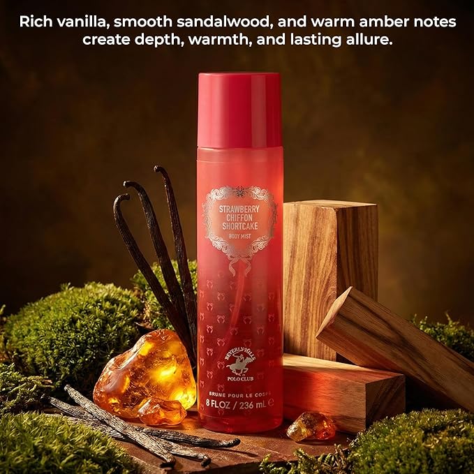 Beverly Hills Polo Club Strawberry Chiffon Shortcake Body Mist for Women – Irresistible Gourmand Fruity Fragrance – Long-Lasting All-Day Scent – French Crafted 236ml / 8 FL OZ