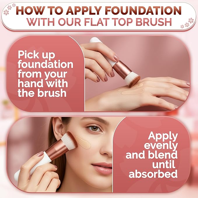 Flat Top Kabuki Foundation Brush – Even-Tone Skin in Seconds, Dense Synthetic Bristles, Aluminum & Plastic Handle, Streak-Free Full Coverage Finish – Makeup Foundation Brush for Liquid, Cream, Powder