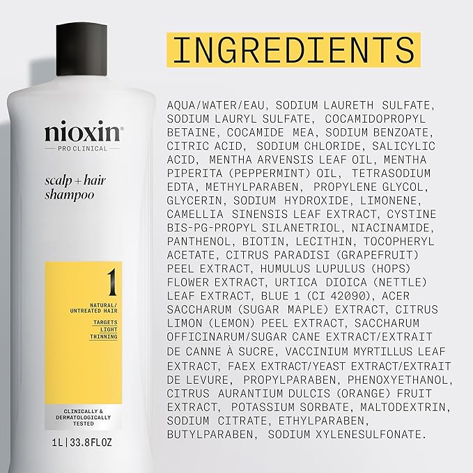 NIOXIN Scalp + Hair Thickening System 1 Shampoo| For Natural or Untreated Hair with Light Thinning| With Niacinamide and Biotin| 33.8 Fl oz.,(Pack of 2)