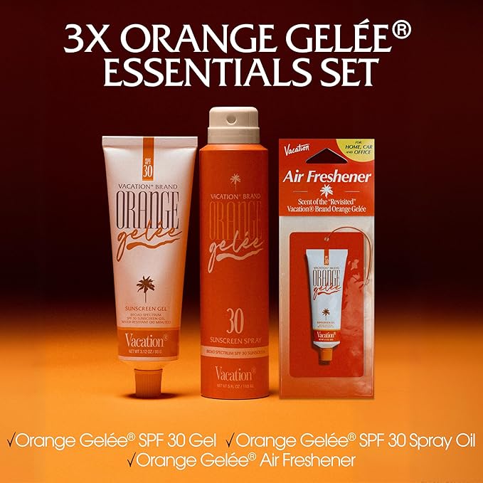 Vacation Orange Gelée SPF 30 Ultimate Bundle — Gel Tube Sunscreen, Spray Oil Sunscreen & Hanging Car Air Freshener, Hydrating Broad Spectrum UVA/UVB Protection, French Riviera Scent, Travel-Ready