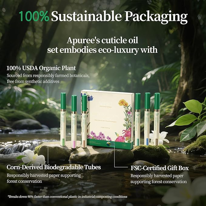 APUREE Organic Cuticle Oil Pen 6pcs| USDA Verified 100% Bio-Based Nail Strengthener & Growth Serum| Jojoba & Squalane Infused| Deep Moisture & Repair for Brittle, Thin, Peeling Nails & Dry Cuticles
