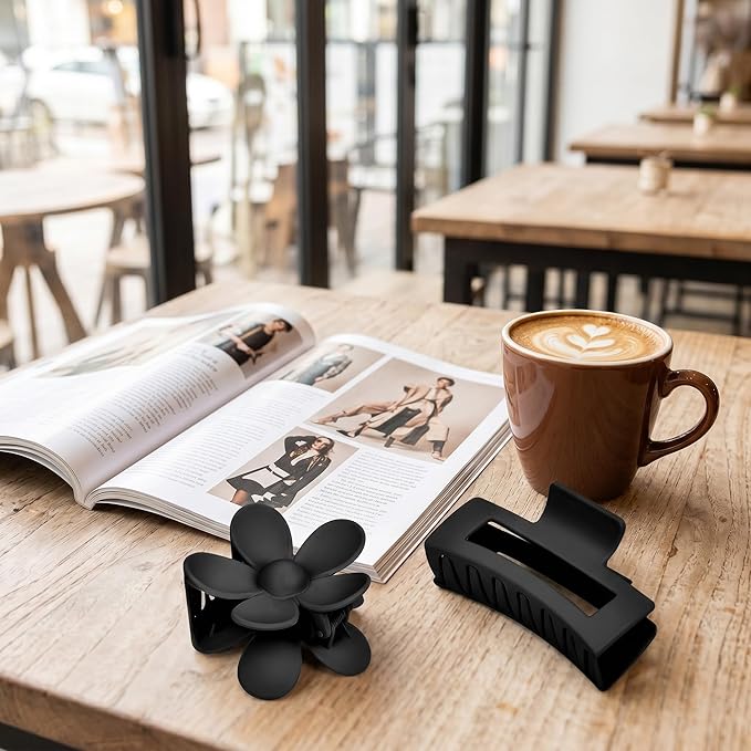 6 Pack Matte Non-Slip Hair Accessories - Claw Clips in Black for Thin and Thick Hair, Ranging from 1.85-4.5 Inches, Featuring Flower, Banana, and Butterfly Designs for Women and Girls