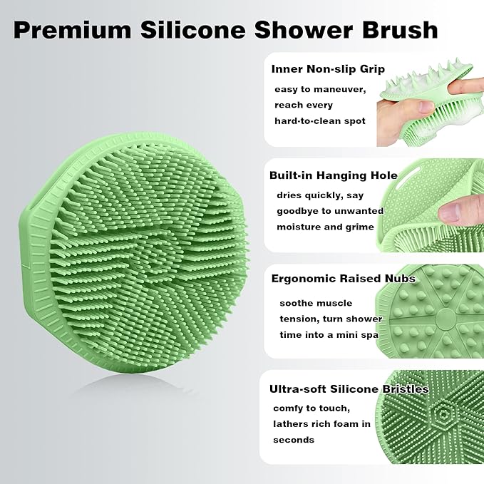 Silicone Body Scrubber for Men Women, Dual-Sided Bath Brushes Gentle Exfoliating Body Scrubber Scalp Massager for Deep Cleansing, Soft Silicone Loofah Body Washing Brushes (Gray+Green)