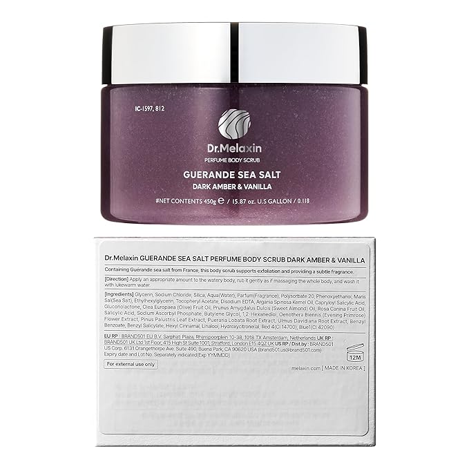 Dr.Melaxin Guerande Sea Salt Perfume Exfoliating Body Scrub for Smooth Skin Body, Amber & Vanilla Scent