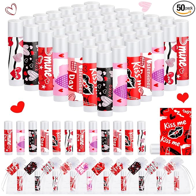 50 Set Valentines Party Favors Galentines Day Gifts Valentine Lip Balms Gloss Bulk for Women 6 Assorted Flavors Chapstick with Organza Bags and Cards for Wedding Bridal Shower Birthday