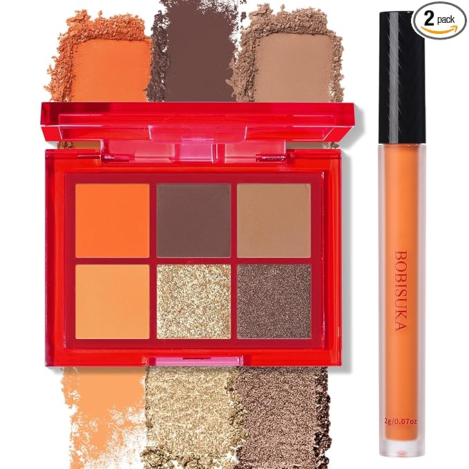 BOBISUKA Makeup Eyeshadow + Matte Lipstick Set, 6 Colors Orange Brown Warm Sunset Shimmer Matte Metallic Fall Eye Shadow Pallet with Orange Liquid Lipstick Makeup Kit for Halloween, Scary Pumpkin