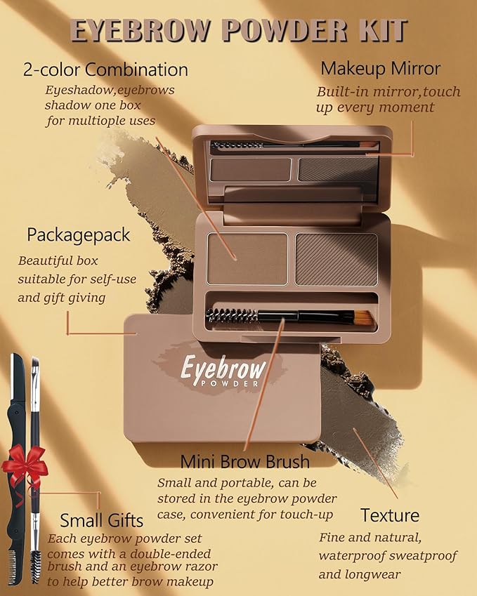 Eyebrow Powder Kit-2 Colors Soft Eye Brow Tinted Powder Palette, Waterproof & Long Lasting Natural Gray Brown Brow, Professional Eyebrow Contour Makeup Set for Women with Mirror Brow Brush & Razor-2#