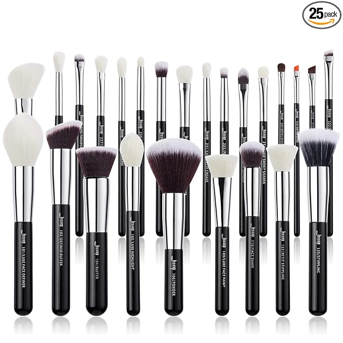 Jessup 25pcs Professional Makeup Brush Set Foundation Powder Concealer Eyeshadow Blending Blush Highlighter Natural-Synthetic Hair Brushes (Black/Silver)
