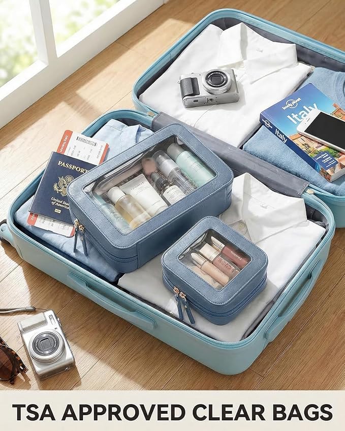 LETGO Clear Makeup Bag Organizer Set, Travel Toiletry Bag for Women, Waterproof Cosmetic Pouch with Zippers, Car Accessories Organizers and Storage Case (2Pack-Standard&Square, Blue)