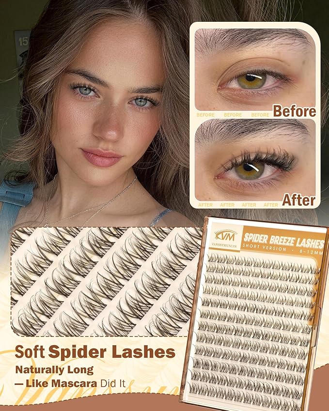 Short Spider Breeze Lash Clusters, Natural Wispy 8-12mm Eyelash Clusters D Curly Lashes Cluster Short & Invisible Band Cluster Eyelash Extensions Reusable Individual Lashes for DIY by Vanssymunlin