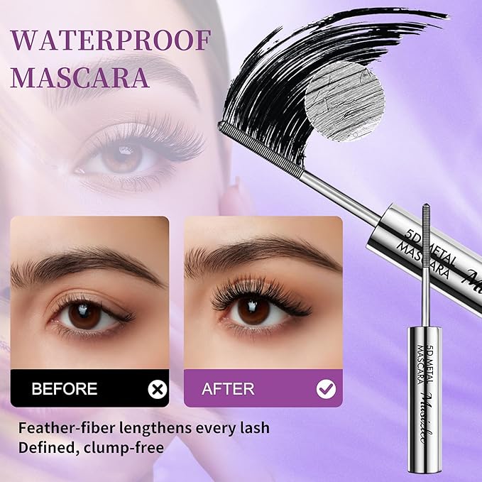 Iron Wand Mascara with Metal Wand, Long Lasting Waterproof Mascara, Black - Volumizing & Lengthening - 5D Curling - Smudge Proof - Washable Mascara for Dramatic Volume & Length