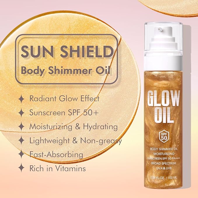Sunscreen Body Glow Oil【SPF 50】【Lightweight】【Natural Ingredient】Shimmer Broad Spectrum Shimmer Sunscreen For Face and Body, AMBER