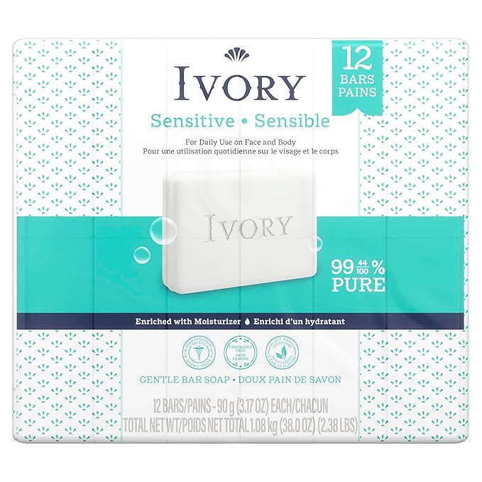 Ivory Sensitive Bar Soap, Designed for Whole Family, Fragrance Free, 99.44% Pure Formula, Plant-Based Cleanser, Made Without Heavy Perfume, Parabens, Phthalates, For All Skin Types, 3.17 oz (12 Count)
