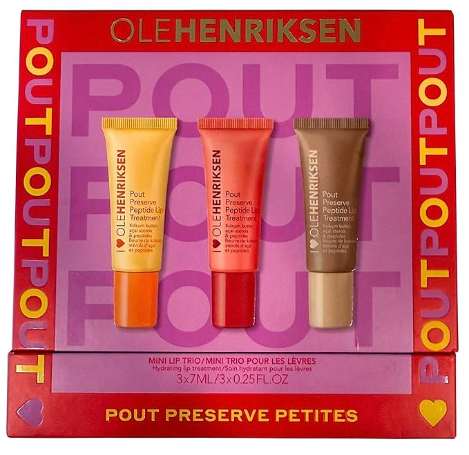 Ole Henriksen Pout Preserve Petites Lip Trio – Mini Peptide Lip Treatments in Citrus Sunshine, Strawberry Sorbet, and Crème Brûlée – 3 x 0.25 fl. oz