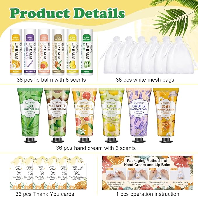 KONEUK 36 Pack Hand Cream Bulk and Lip Balm Bulk Sets, Mothers Day Gifts, Thank You Gifts and Birthday Gifts with Thank You Card Organza Bags, Teacher Appreciation Gifts and Nurses Week Gifts