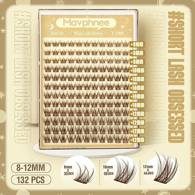 Brown Lash Clusters Short 8MM 10MM 12MM Eyelash Extensions Natural Cluster Lashes Individual Wispy Eyelash Clusters C-Curly Dark Brown Fluffy Eye Lashes Clusters Pack 132Pcs