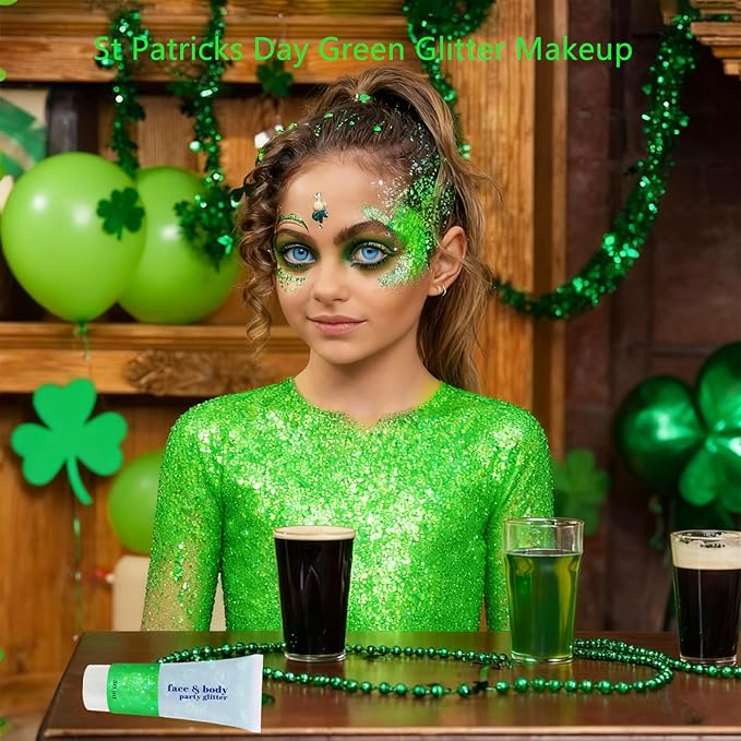 Go Ho Light Green Face Body Glitter,St Patricks Day Accessories - Sparkly Face Hair Glitter Makeup,Green Face Paint,Holographic Chunky Sequins Glitters for Eye Lip Hair