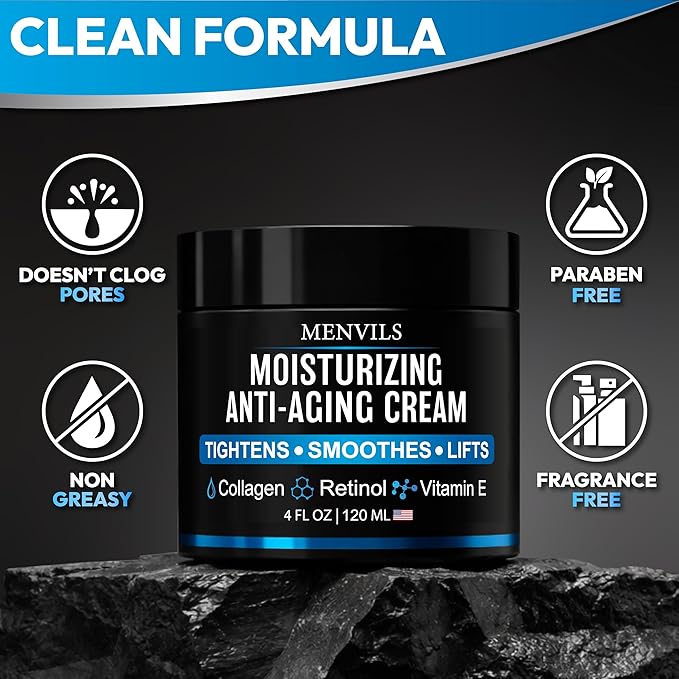 Mens Face Moisturizer Cream - Anti Aging & Wrinkle Repair - After Shave Lotion for Men with Collagen, Retinol, Vitamins E, Jojoba Oil - Age Facial Skin Care - Lightweight Day & Night Cream - 4 oz