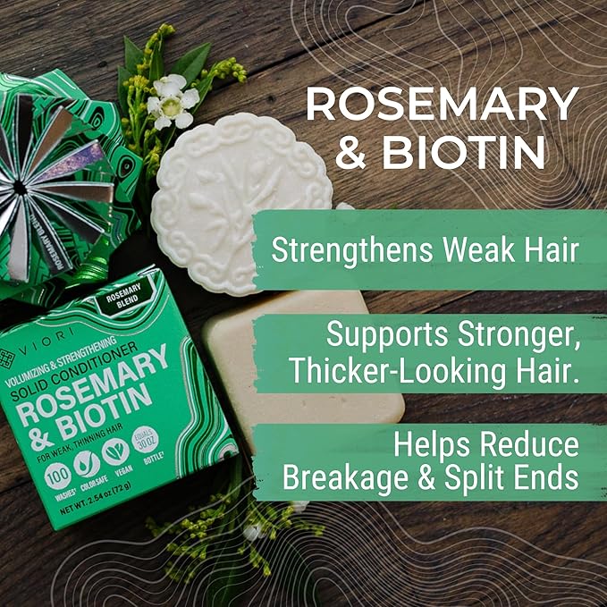 Viori Rosemary Shampoo Bar and Conditioner Set with Biotin - Rice Water Solid Hair Bars for Thinning Hair - Strengthening, Shine, Scalp Care - Plastic Free - Travel Friendly