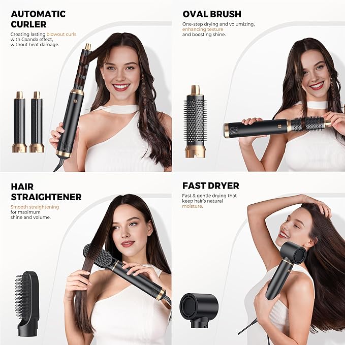 Blow Dryer Brush Set 5 in 1, Hot Air Styler Negative Ion Air Curling Wrap Air Curler Low Heat Hair Care, Round Brush Blow Dryer Hair Styling Tools Gift for Dry,Volumize,Straight,Curl, 110-120V