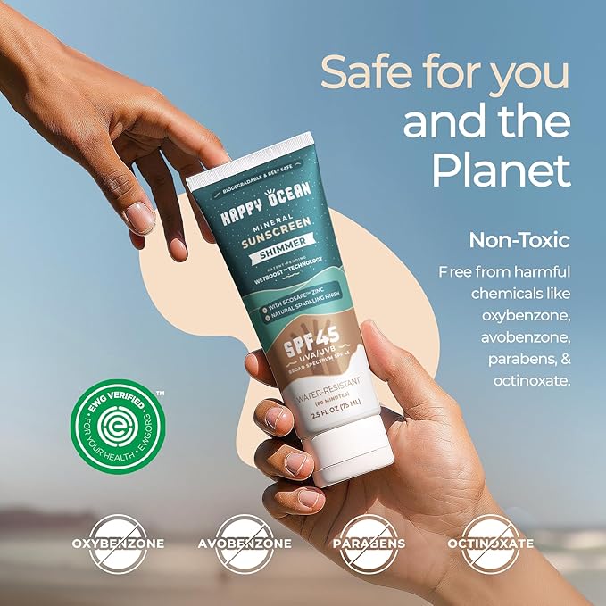 Happy Ocean Shimmer Sunscreen SPF 45 – Mineral Glitter Body Shimmer with Natural Mica Sparkle, Biodegradable Reef Safe Zinc Oxide, Water Resistant, 2.5 oz