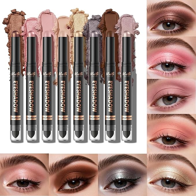 LANGMANNI 8Colors Dual-Ended Cream Eyeshadow Stick Set – Silky Smooth, Waterproof & Transfer-Proof, Built-in Blender Brush, All-Day Matte & Shimmer Wear Eye Makeup(#C)