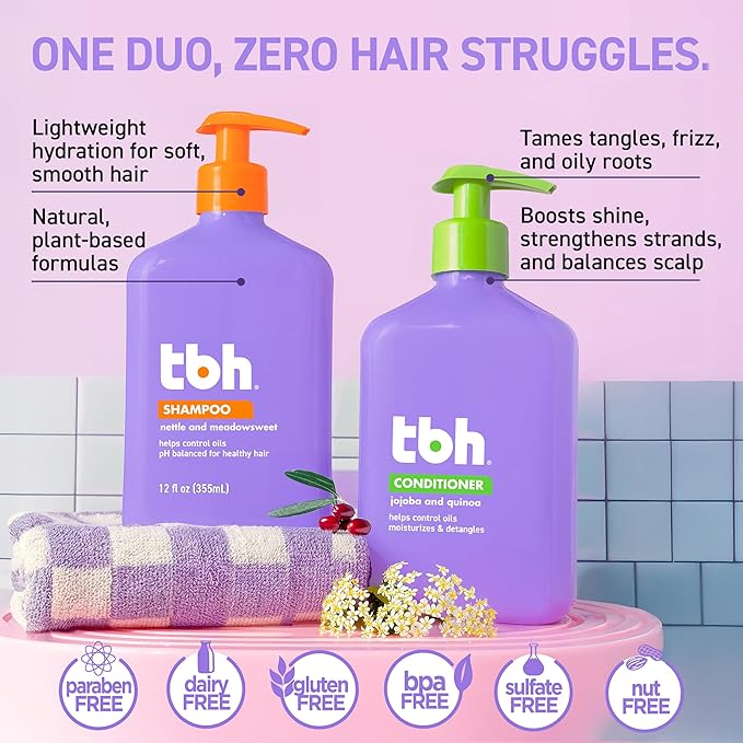 TBH Kids & Teen Shampoo and Conditioner Set – Sulfate & Paraben Free, Lightweight & Hydrating Hair Care for All Hair Types – 2-Pack, 12 oz Each