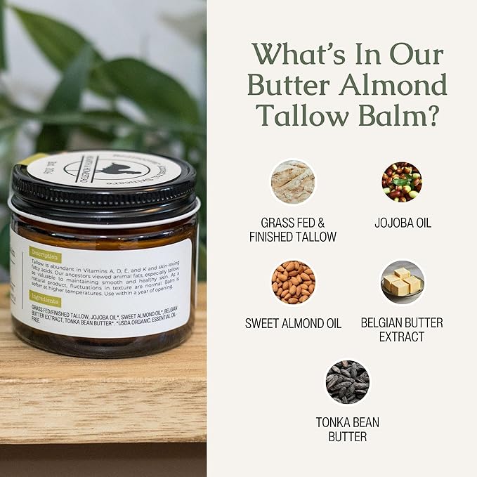 Hearth & Homestead Whipped Beef Tallow for Skin & Face, 100% Grass Fed, Eczema Cream & Body Butter, Organic Virgin Almond Oil, Lotion & Hand Moisturizer for Dry Skin, Butter Almond, 1.3oz