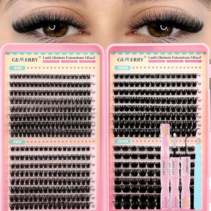 GEMERRY Lash Clusters Kit 4 Style Clusters Eyelash Extensions False Eyelashes Wispy Natural Lashes Fluffy Individual Lashes with Bond and Seal and Tweezers (60D 80D 100D 200D, 8-16mm)
