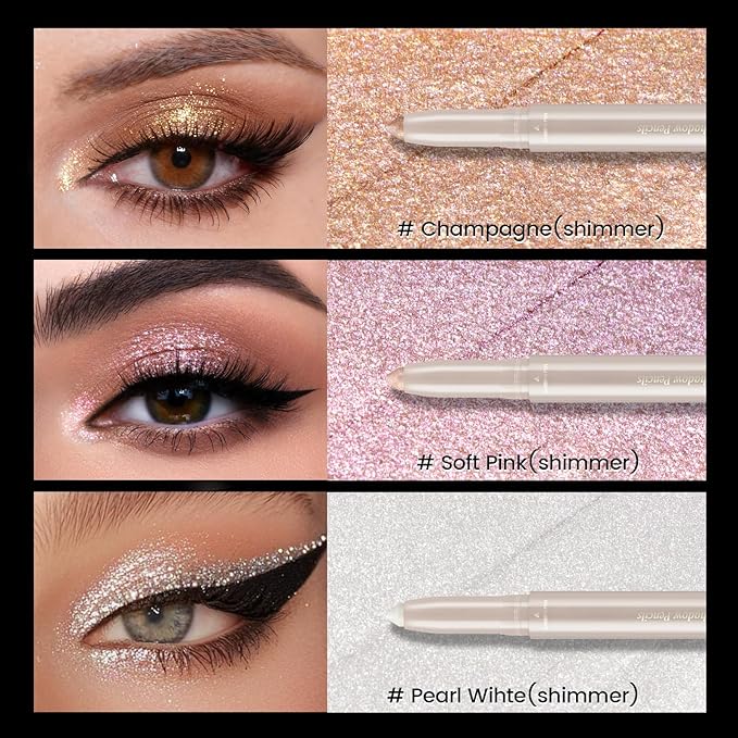 Noerrors 3Colors Glitter Eyeshadow Brightener Stick Set, Champagne&Pink&Pearl White Sparkle Cream Eyeliner&Eye Shadow Pencil with Brush, Waterproof Silky Smooth Shimmer Metallic Eye Highlighter Makeup