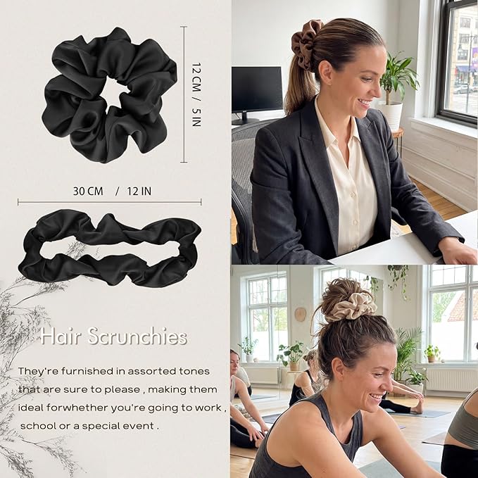 4PCS Large Satin Silk Scrunchies for Women - Big Glossy Scrunchie for Thick Hair Girl Hair Ties Ponytail Holders Jumbo Scrunchies (Black Navy-Blue Brown Champagne)
