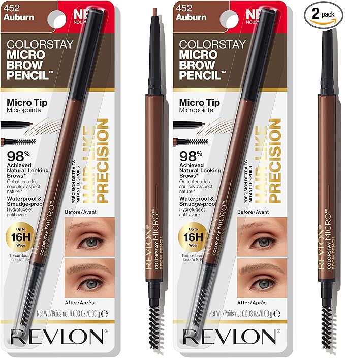Revlon ColorStay Micro Eyebrow Pencil with Built In Spoolie Brush, Infused with Argan and Marula Oil, Waterproof, Smudgeproof, 452 Auburn, 0.003 oz (Pack of 2)