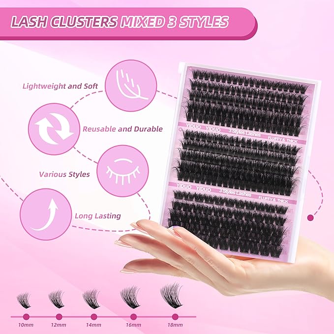 YIDUO Volume Lash Clusters Kit 255Pcs Wispy Individuals Eyelash Extension Kit 3 Styles Thick Clusters Lashes Extensions Kit with Bond and Seal |Tweezers |Removers |Eyelash & Eyebrow Brush