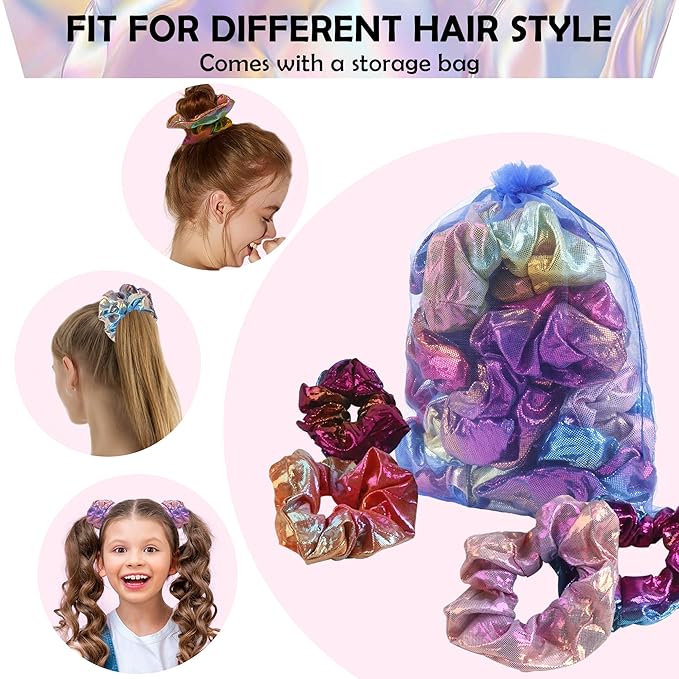 12 Pcs Scrunchies for Women, Shiny Metallic Hair Scrunchies for Girls, Hair Ties Elastic Hair Bands Ropes, Soft Ropes Ponytail Holder Hair Accessories(Gradient Metallic)