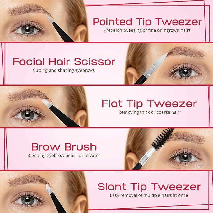 6-Piece Precision Eyebrow Tweezers for Women & Men - Professional Eyebrow & Facial Hair Grooming Kit with 4 Tweezers For Eyebrows, Eyebrow Scissors & Brush - Stainless Steel Tools in Leather Case