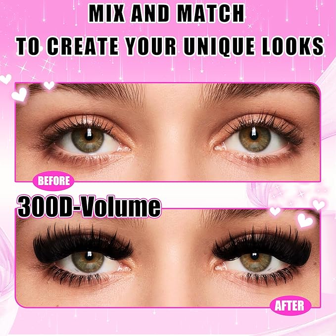 YIDUO Lash Clusters Kit 3D Volume 200D+300D+Spikes+Bottom Cluster Lashes Extensions Kit with Lash Bond and Seal |Tweezers |Removers |Eyebrow Brush (200D+300D-10-18MIX 3D Thick Kit)