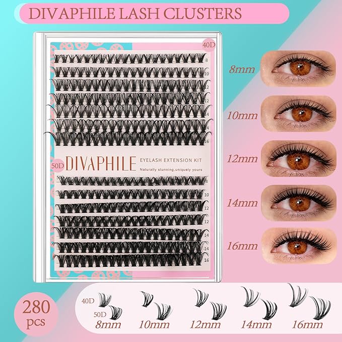 Lash Clusters Kit, DIY Eyelash Extension Kit 280PCS with Bond and Seal, Remover & Tweezers, Natural Wispy Individual Lashes 8–16mm for Beginners, At Home Salon Look, Mom Gifts (40D&50D Kit)