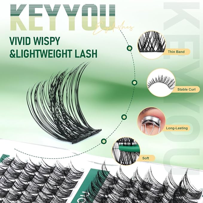 Lash Clusters 96pcs Individual Lashes D Curl 12mm Eyelash Clusters KEYYOU Volume Wispy Lash Extension Soft&Comfortable Easy DIY at Home(Y08,D-12mm)